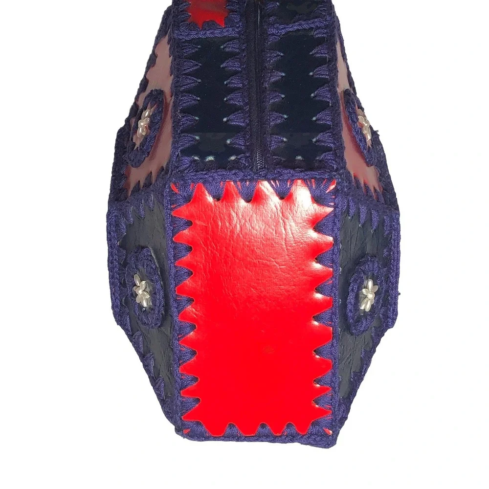 Vtg‎ 1970s Boho Purse Crochet Hexagon Patchwork Leather Handbag Hippie Red Blue